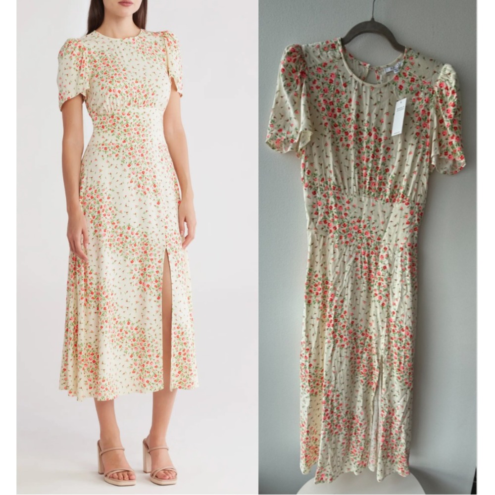 AFRM Medium Ditsy Print Dress Open Back Short Sleeve Midi Floral NWT
